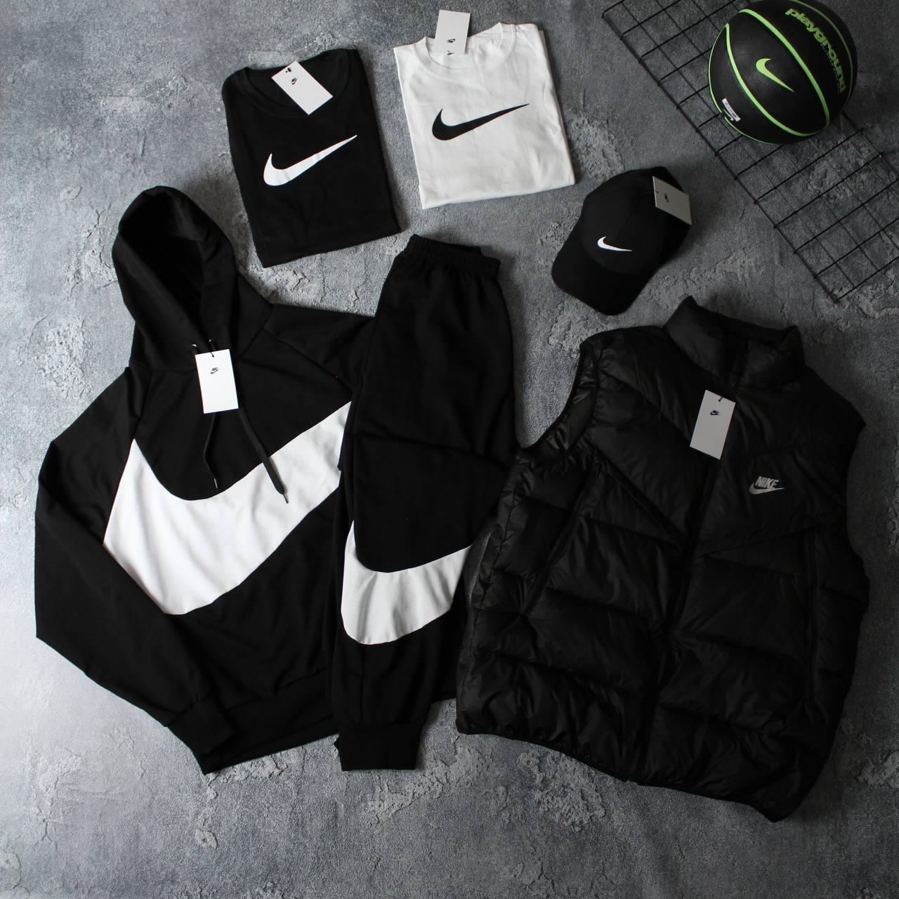 Спортивний костюм чоловічий Nike big swoosh жилетка 2 футболки кепка осінній весняний найк чорний