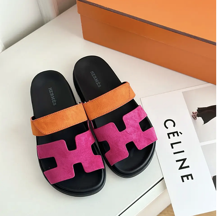 Жіночі рожеві жовтогарячі шкіряні замшеві шльопанці Hermes Chypre ермес Гермес шкіра на плоскій підошві, фото 1