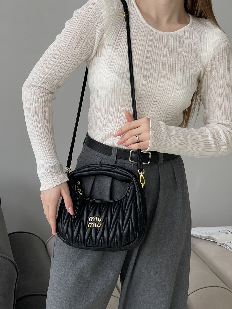 Жіноча сумка Miu Miu Wander Matelassé Nappa Leather Чорний