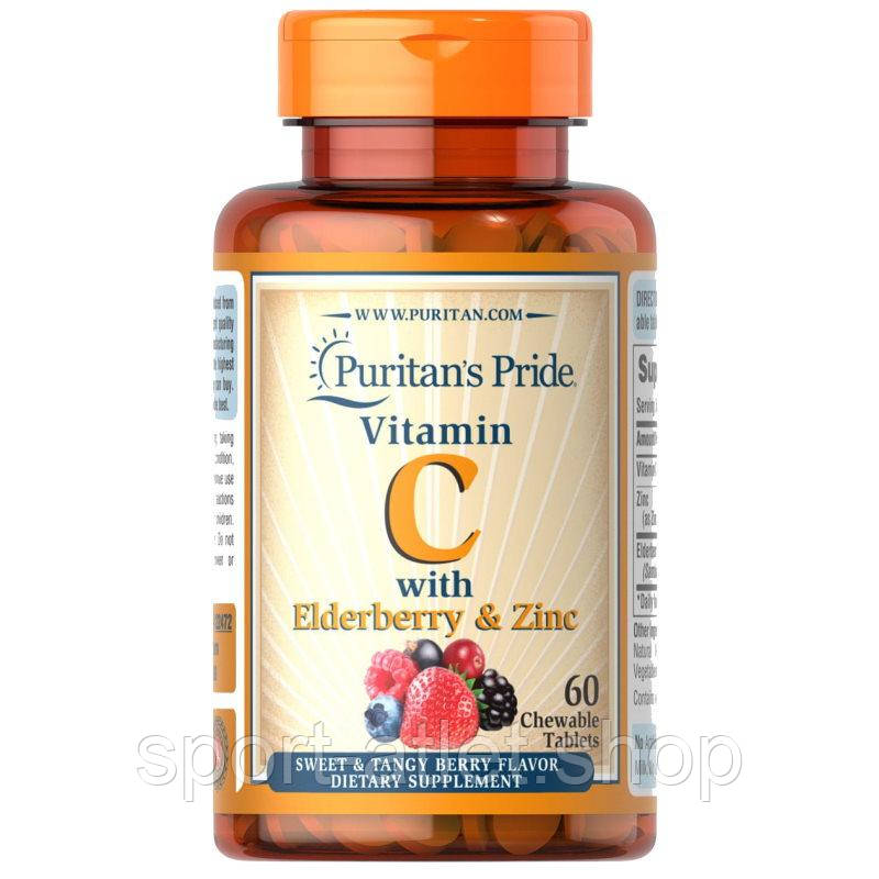 Вітаміни та мінерали Puritan's Pride Vitamin C with Elderberry & Zinc, 60 жувальних таблеток