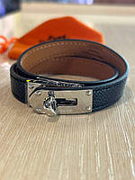 Браслет Hermes / Ермес шкіряний чорний браслет