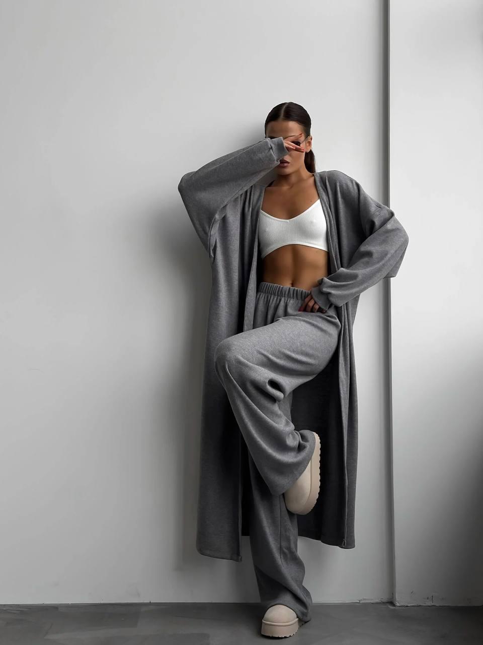 Сірий жіночий комплект-двійка: подовжений кардиган і штани палаццо з щільного рубчика, фото 1