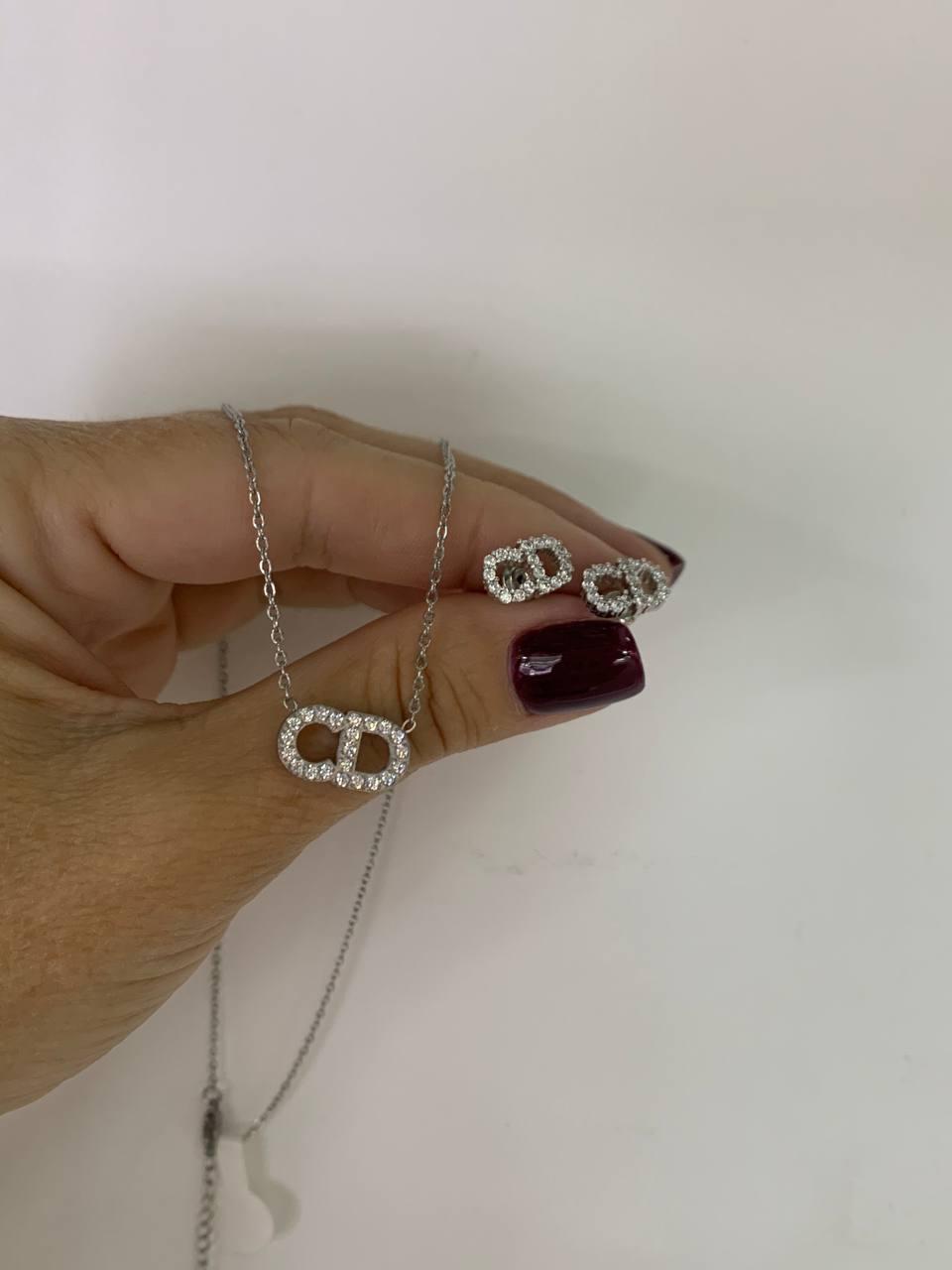Комплект CD/Dior сережки та підвіска з камінчиками