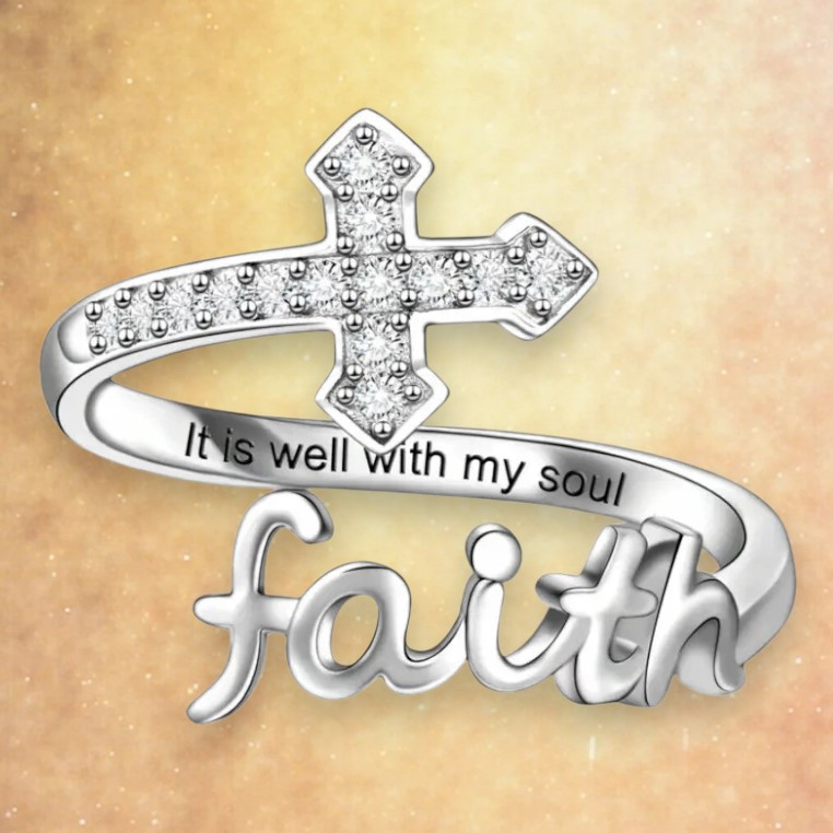 Срібляста каблучка з хрестом білі фіаніти надпис Віра регульований розмір AurumLux839, фото 1