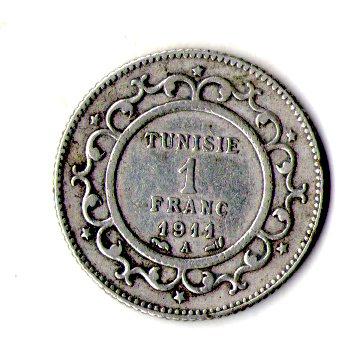 Туніс › Французький протекторат 1 франк 1911 рік срібло №3124