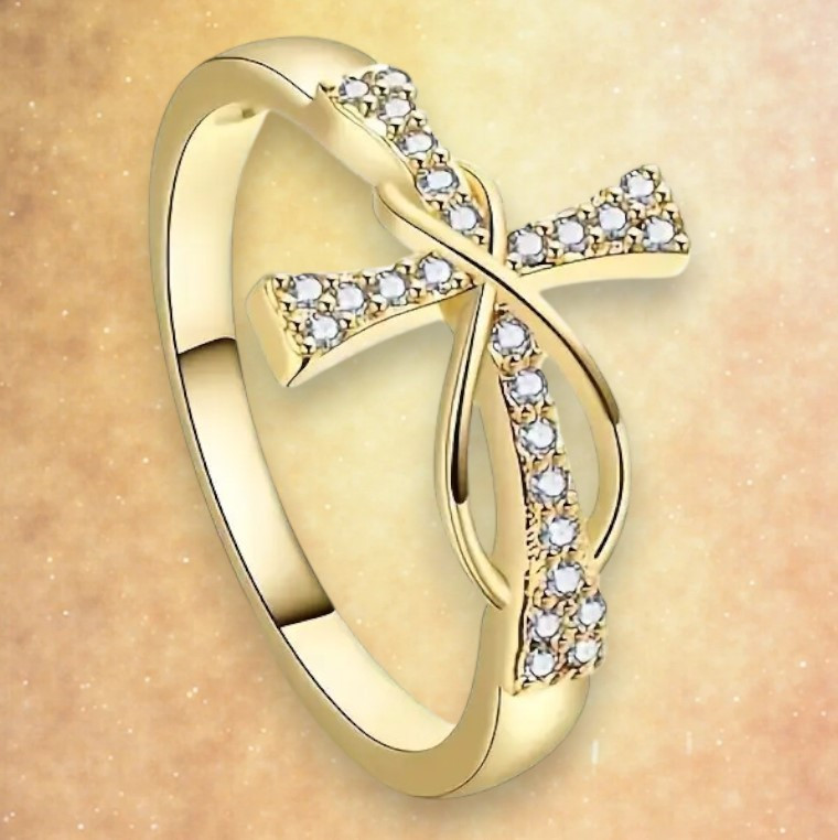 Золотисте кільце з хрестом і символом нескінченності з білими каменями розмір 17.5 AurumLux592, фото 1