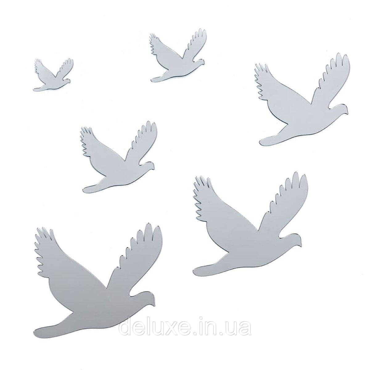 Дзеркальний декор акриловий самоклеючий Птахи срібло, 6шт (D) SW-00002520, фото 1
