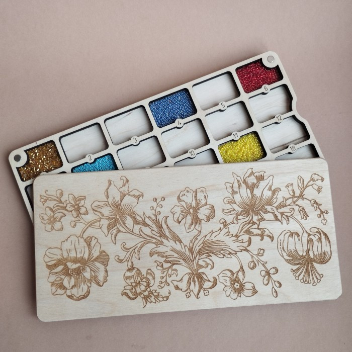 Органайзер для бісеру прямокутний на 24 комірки з дерев'яною кришкою (060055), фото 1