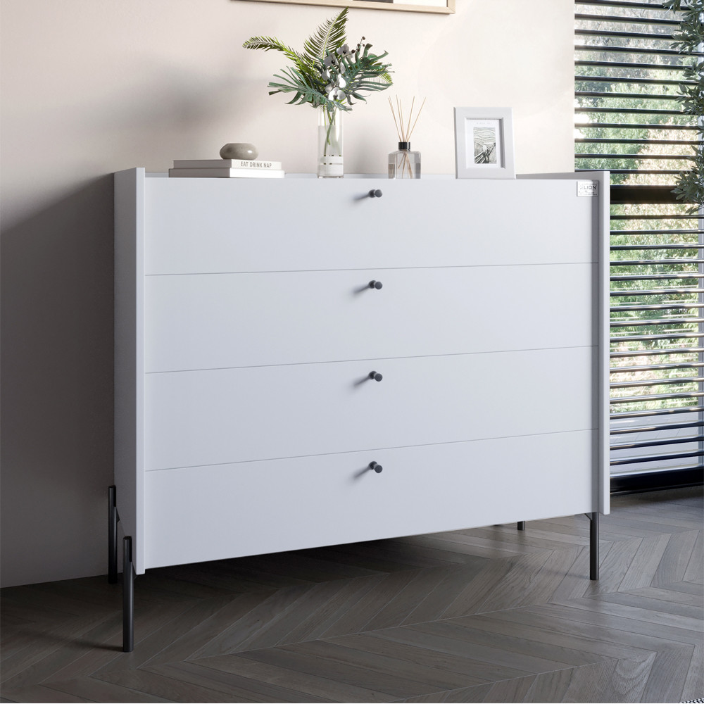 Комод із 4 шухлядами LION Wood із чорними ніжками 100х90х45 см Німфея Альба (білий) (LION-042983) ТОП, фото 1