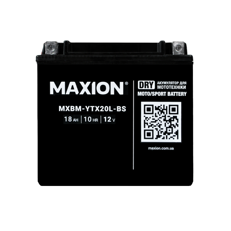 Мото акумулятор MAXION YTX20L-BS (12V, 18Ah, 260A, -/+) сухозаряджений без електроліту