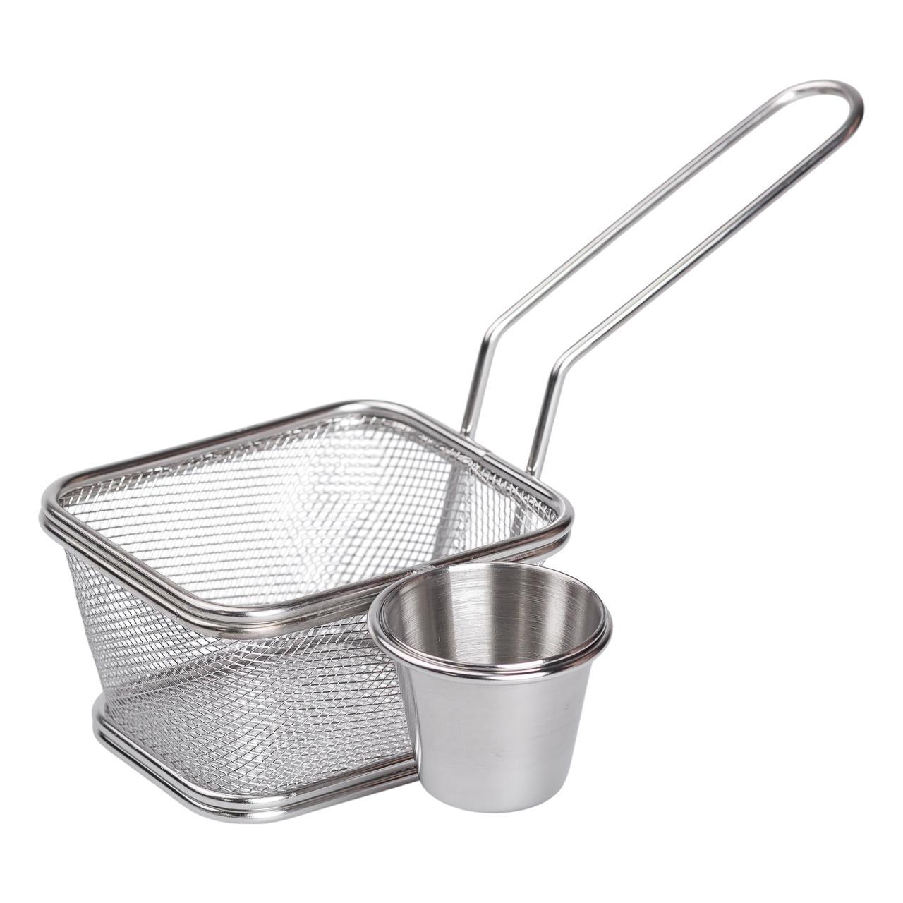 Кошик сервірувальний для подачі фрі та снеків із соусницею 10.5×9×6 см із нержавіючої сталі, фото 1