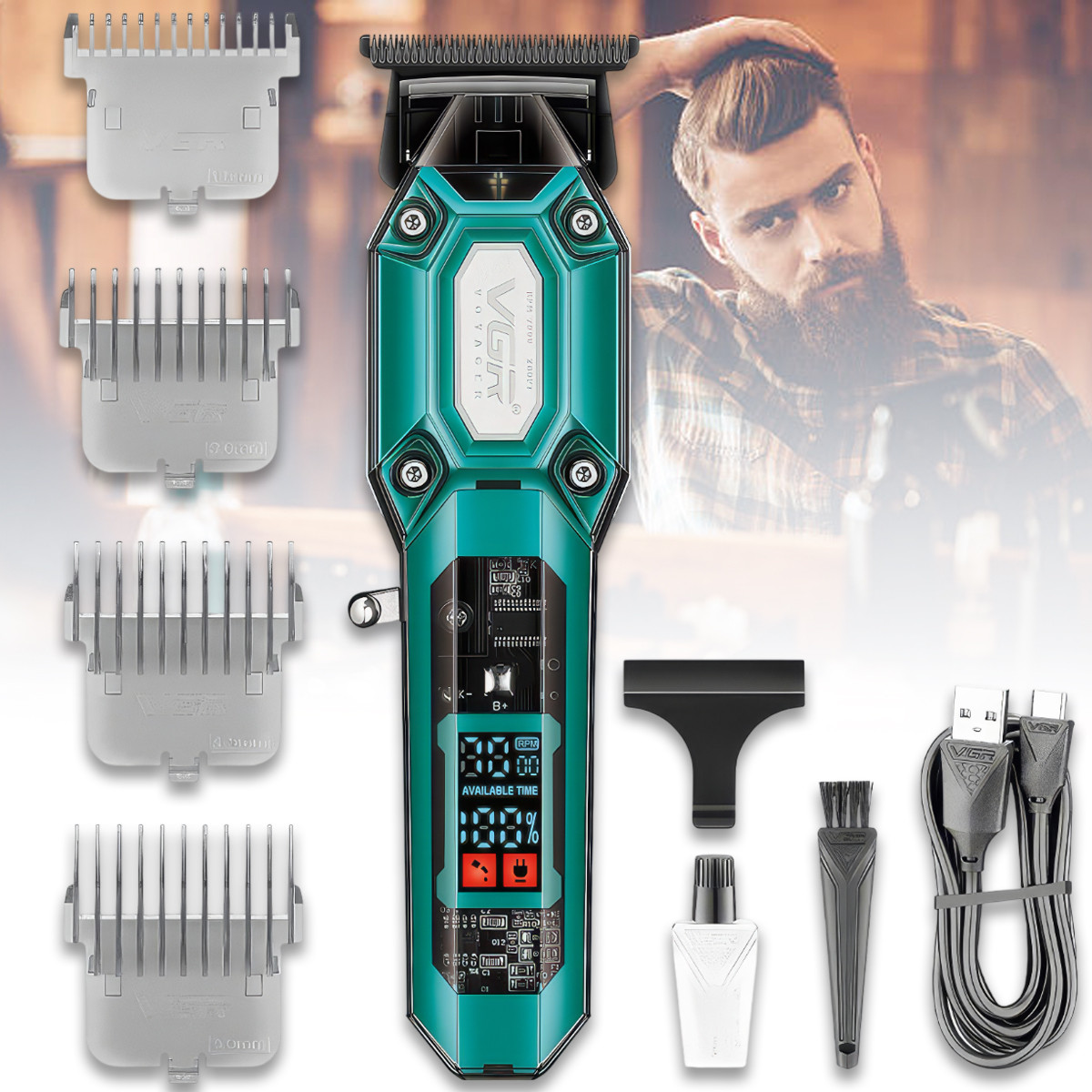 Машинка акумуляторна для стрижки волосся з дисплеєм та 4 насадками VGR V-900, фото 1