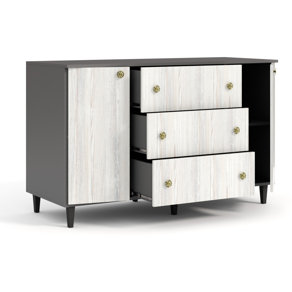 Стильний комбінований комод низький з дверцятами та шухлядами на ніжках у вітальню 125 см Глорія Київський Стандарт, фото 1