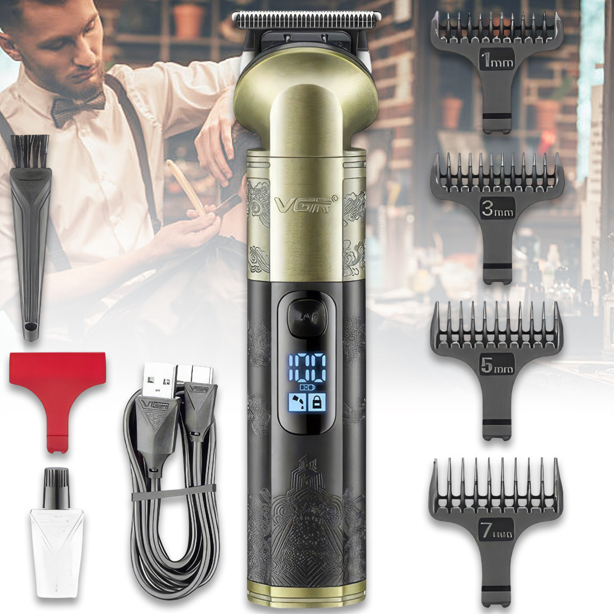 Акумуляторна машинка-триммер для стрижки з дисплеєм та 4 насадками VGR V-296, фото 1