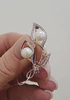 Брошка - шпилька срібна з перлами та фіанітами