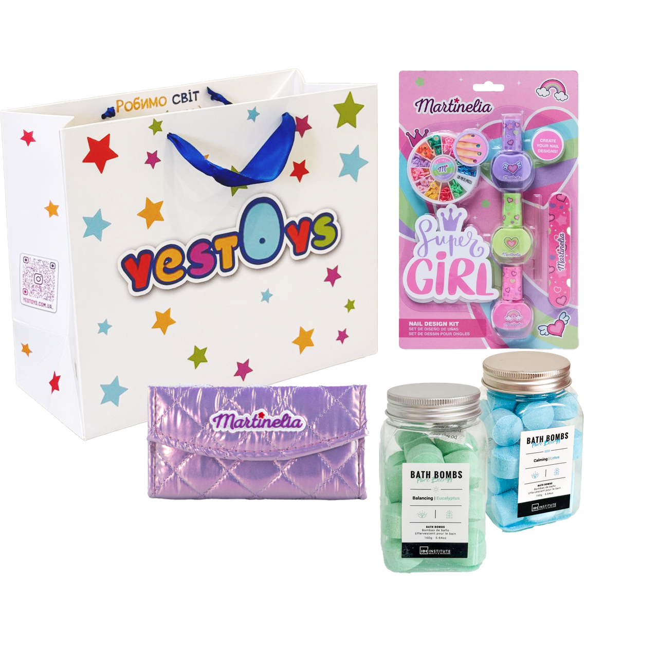 Подарунковий набір дитячої косметики Martinelia - лак дитячий, палітра гаманець, бомбочки для ванної IDC, фото 1