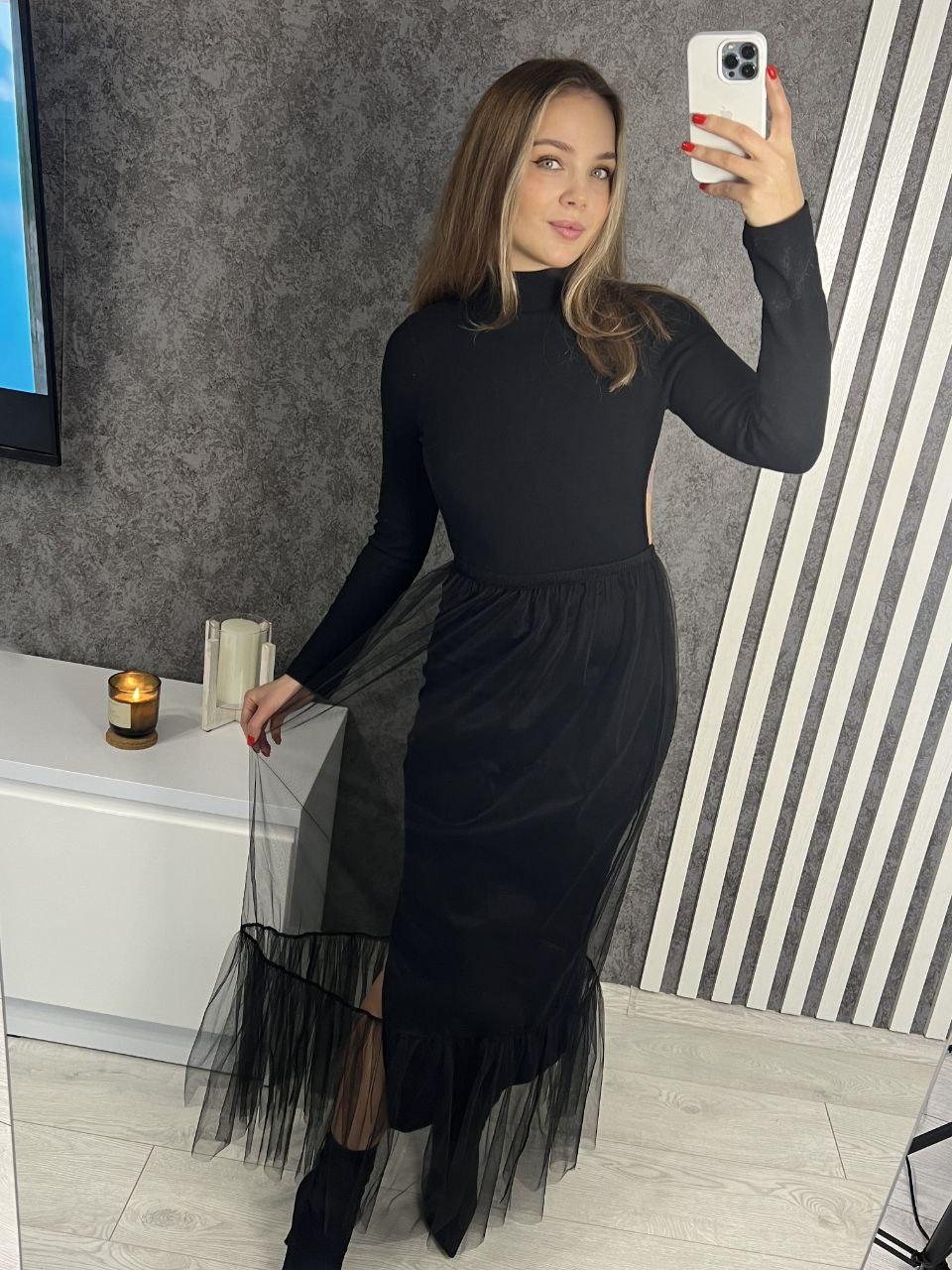 Довга спідниця із сітки з оборками в чорному кольорі (р. 42-46) 3111670, фото 1