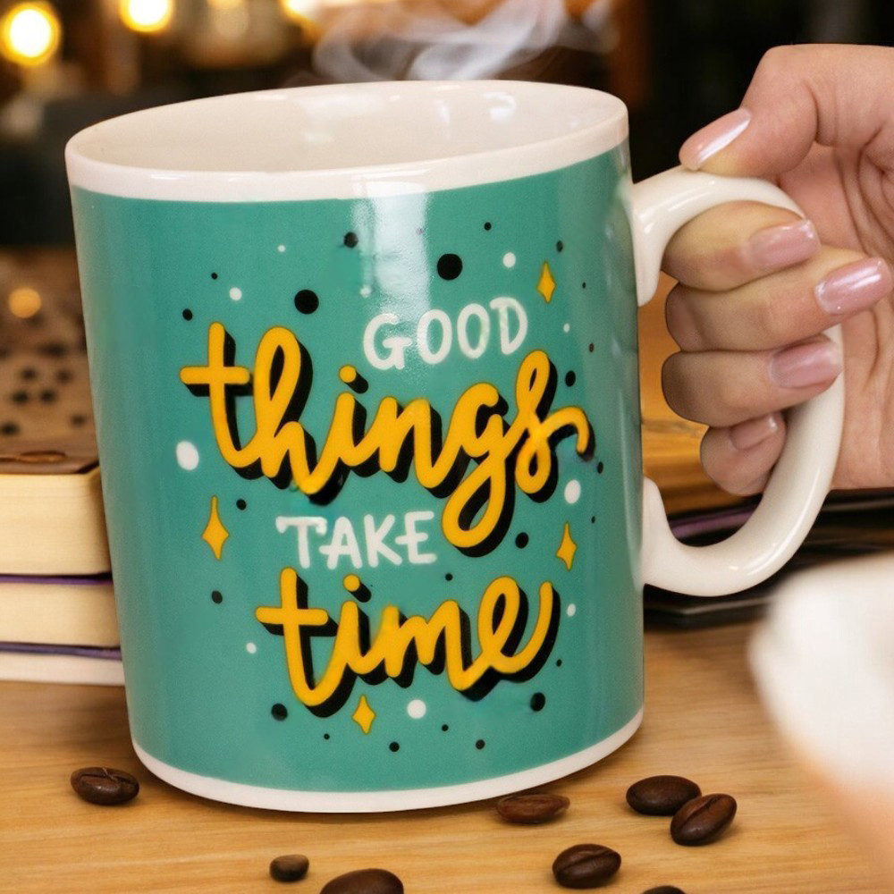 Велика керамічна кружка "Good things take time", 1 літр, Зелена (Кружка гігант)