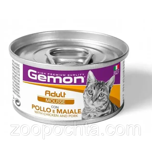 Вологий корм для кішок Gemon Cat Wet Adult Мус з куркою та свининою 85 гр