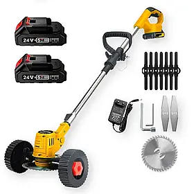 Садовий тример газонокосарка з 2 акумуляторами 24 V, 3 типи насадок, з колесами, телескопічна ручка, жовтий