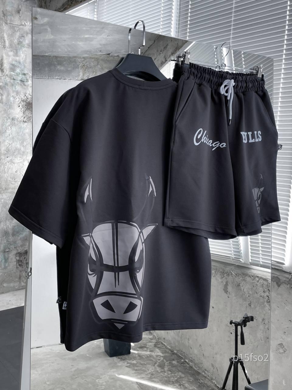 Чоловічий літній костюм Chicago Bulls Футболка + Шорти темно сірий Спортивний костюм на літо Чикаго Буллз
