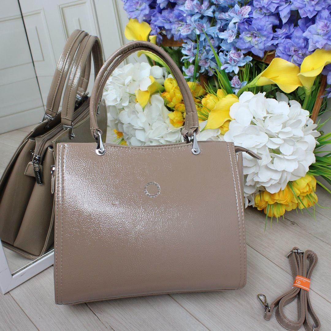 Жіноча лакова каркасна сумка класична бежева екошкіра