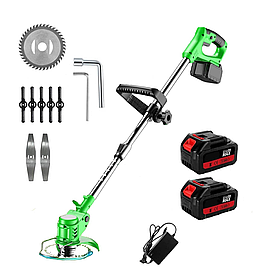 Акумуляторний садовий тример газонокосарка з двома акумуляторами 36V, 3 типи насадок, телескопічна ручка, зелений