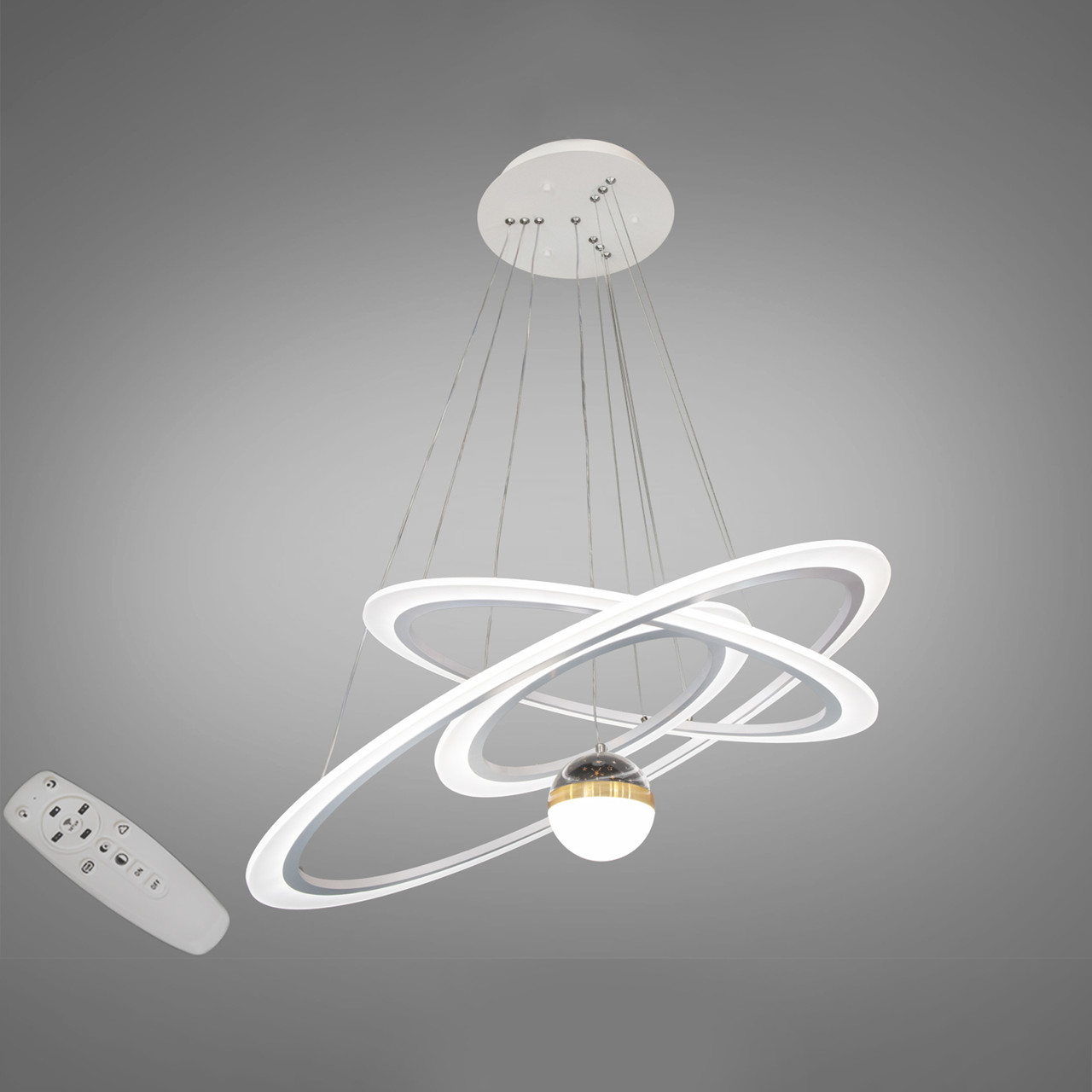 Підвісна елегантна Led-люстра з пультом біла у вигляді каблучок Сатурна, фото 1
