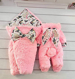 Комплект Зайчата конверт + комбінезон для новонароджених, рожевий з принтом