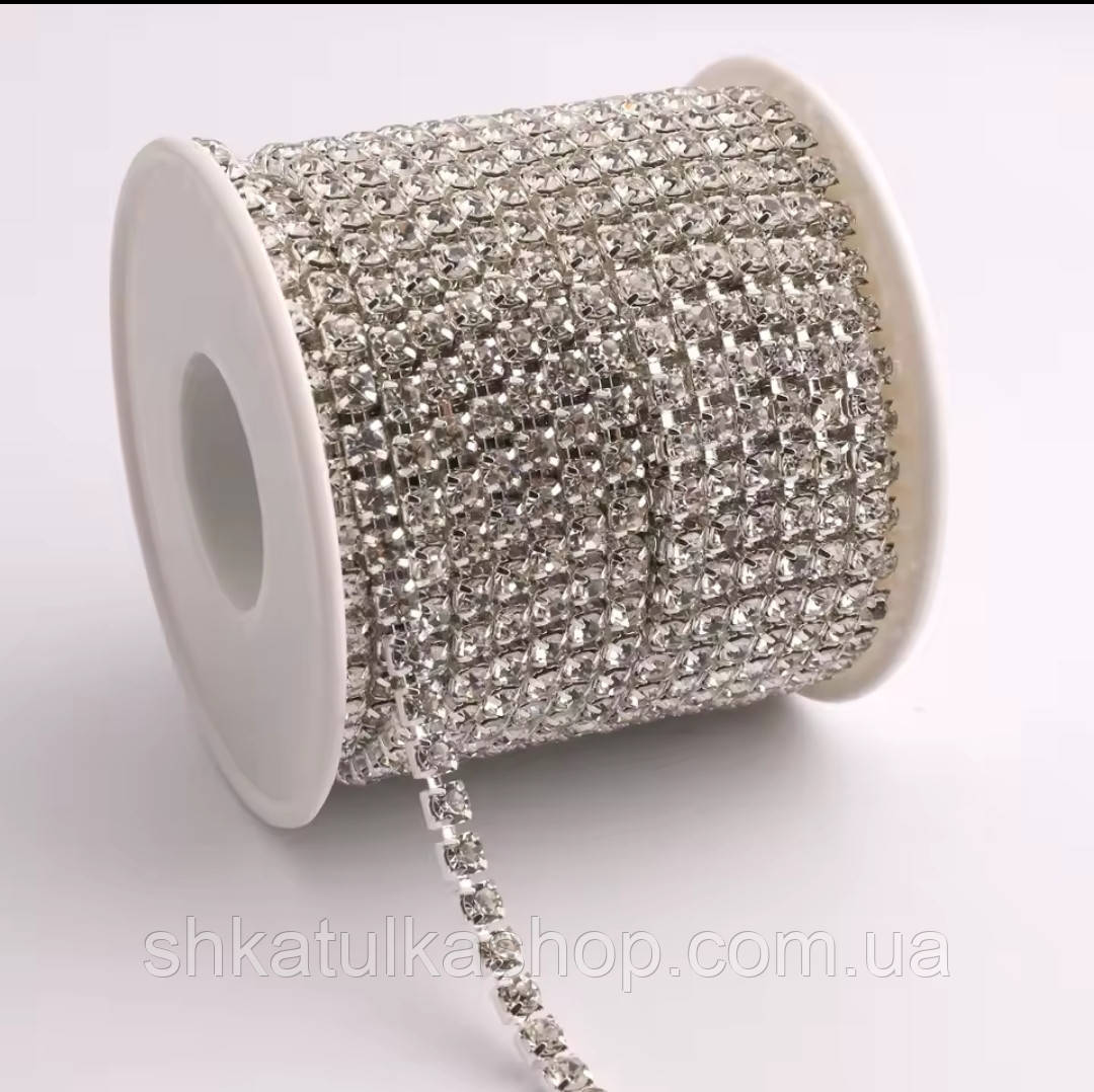 (1м) Стразовий ланцюг SS6 (2мм) прозорий в срібному металі, фото 1
