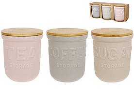 Набір (3 шт по 800 мл) керамічних банок з бамбуковими кришками (Sugar, Tea, Coffee)