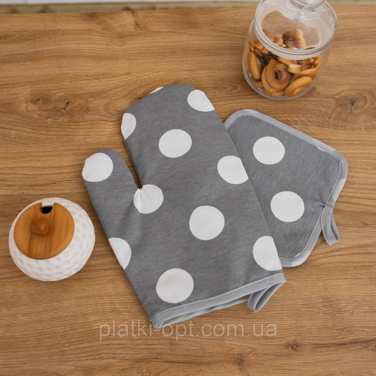 Рукавичка + прихватка водовідштовхувальні "Великий горошок" (сіра)