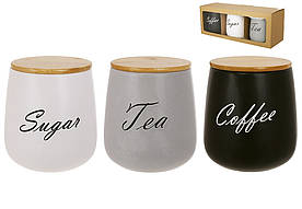 Набір (3 шт по 1000 мл) керамічних банок з бамбуковими кришками (Sugar, Tea, Coffee)