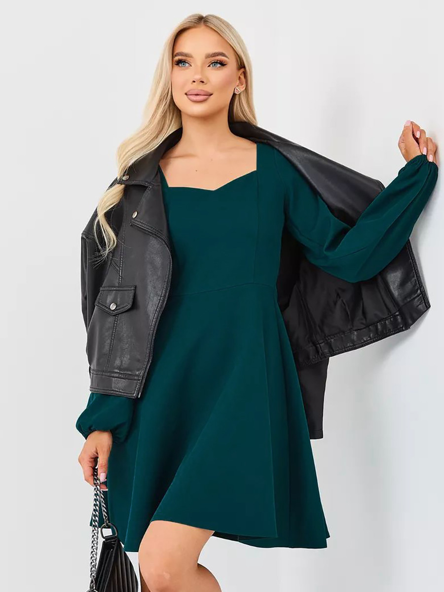 Красиве класичне лаконічне коктейльне плаття, темно-зелене, фото 1