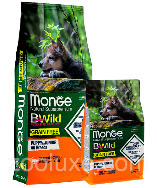 Monge BWild Grain Free Puppy & Junior All Breeds Duck with Potatoes 15 кг корм для собак Монж Качка