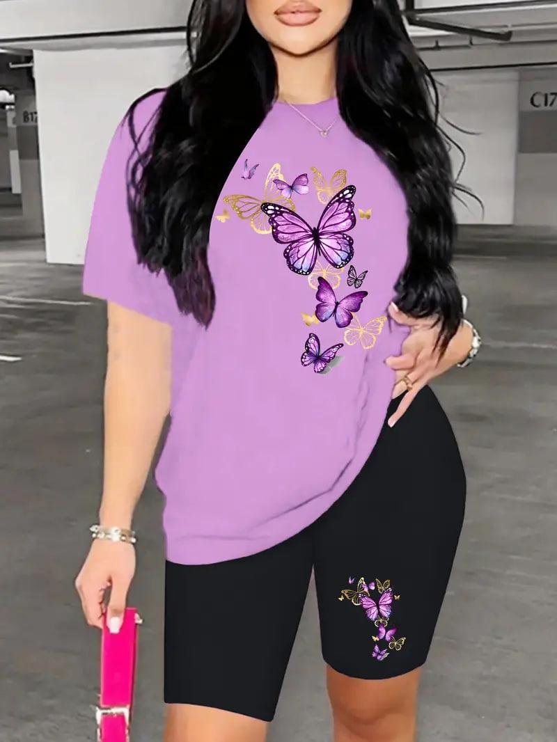 Жіночий стильний літній костюм: футболка та велосипедки з метеликами, фото 1