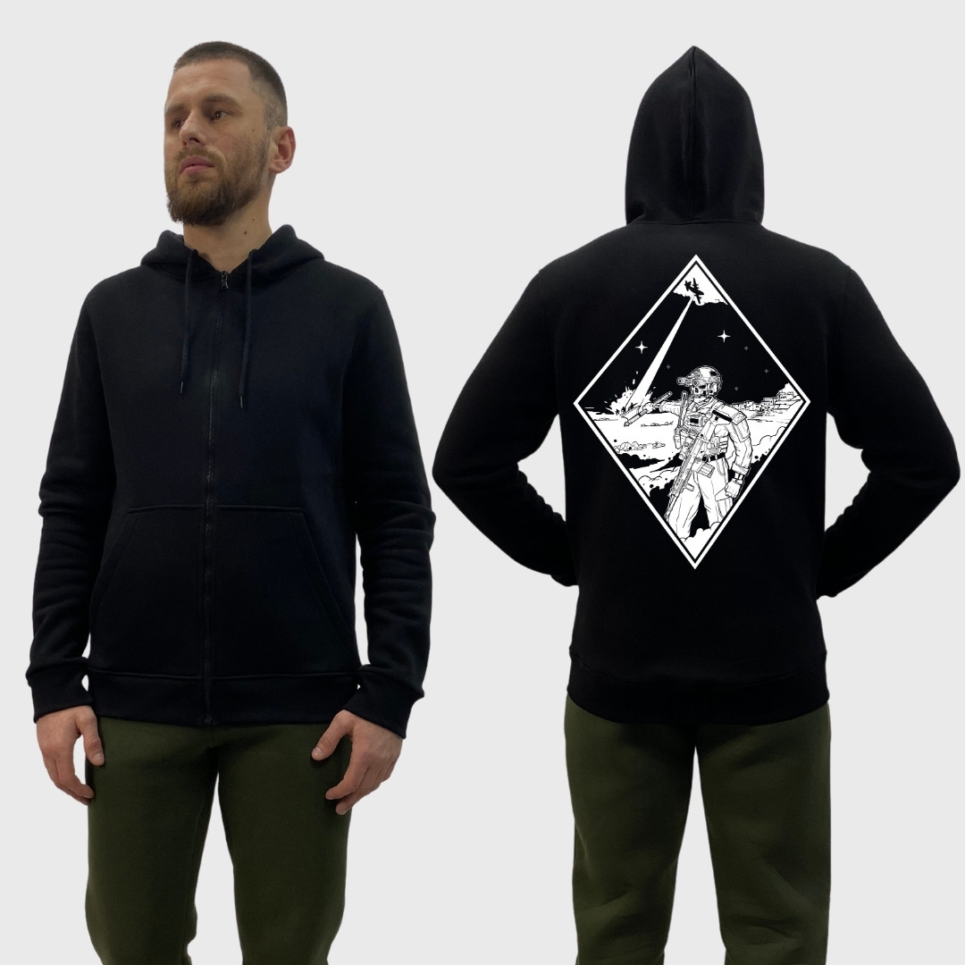 Чоловічий зіп-худі на флісі з принтом Військовий скелет та винищувач, Чорний