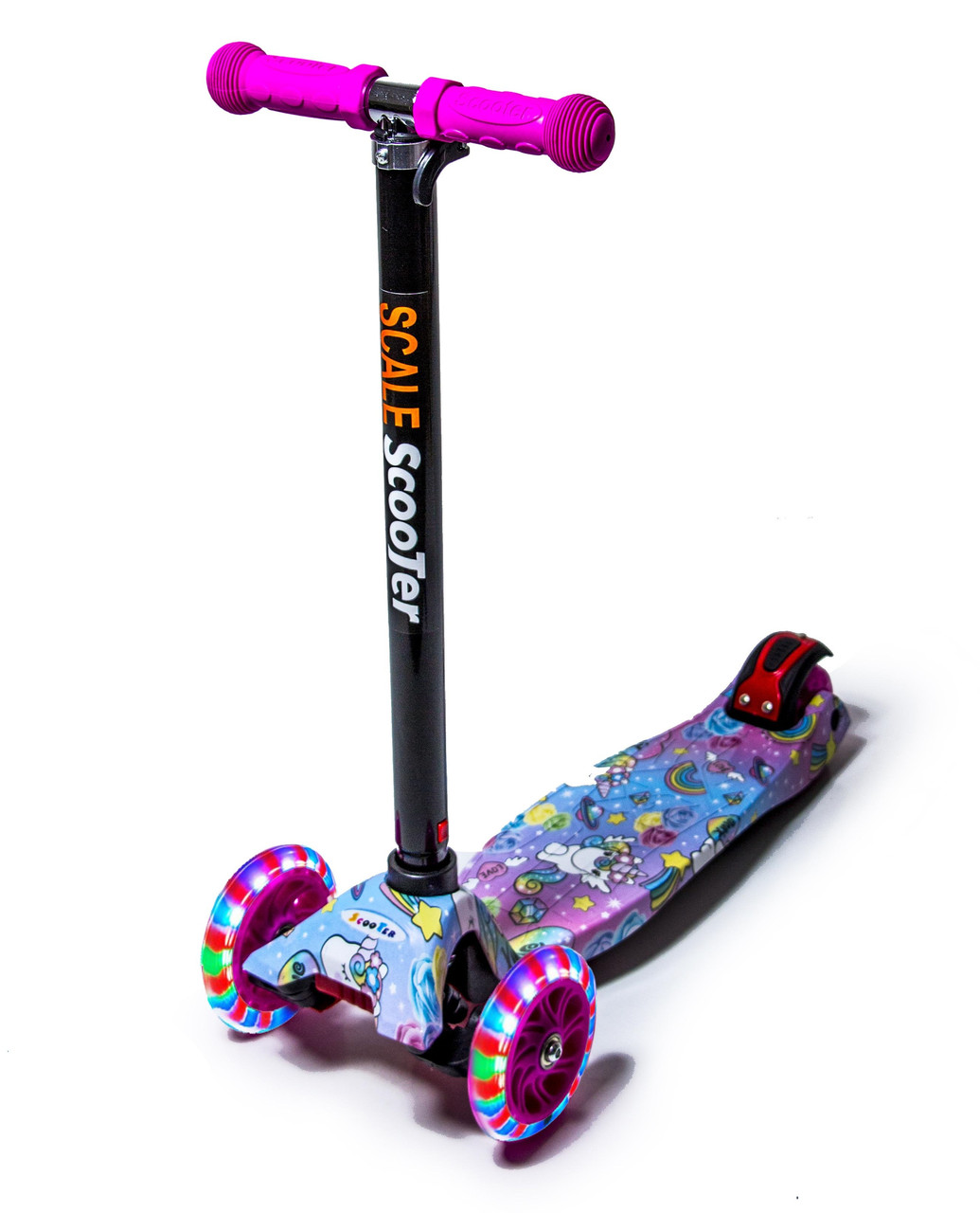 Самокат для дівчаток 3-6 років MAXI. Малюнок Єдиноріг. Малинові колеса, що світяться!, фото 1