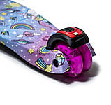 Самокат для дівчаток 3-6 років MAXI. Малюнок Єдиноріг. Малинові колеса, що світяться!, фото 3