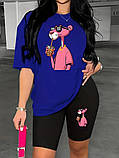 Жіночий літній костюм: футболка вільного крою та велосипедки з рожевою пантерою, фото 5