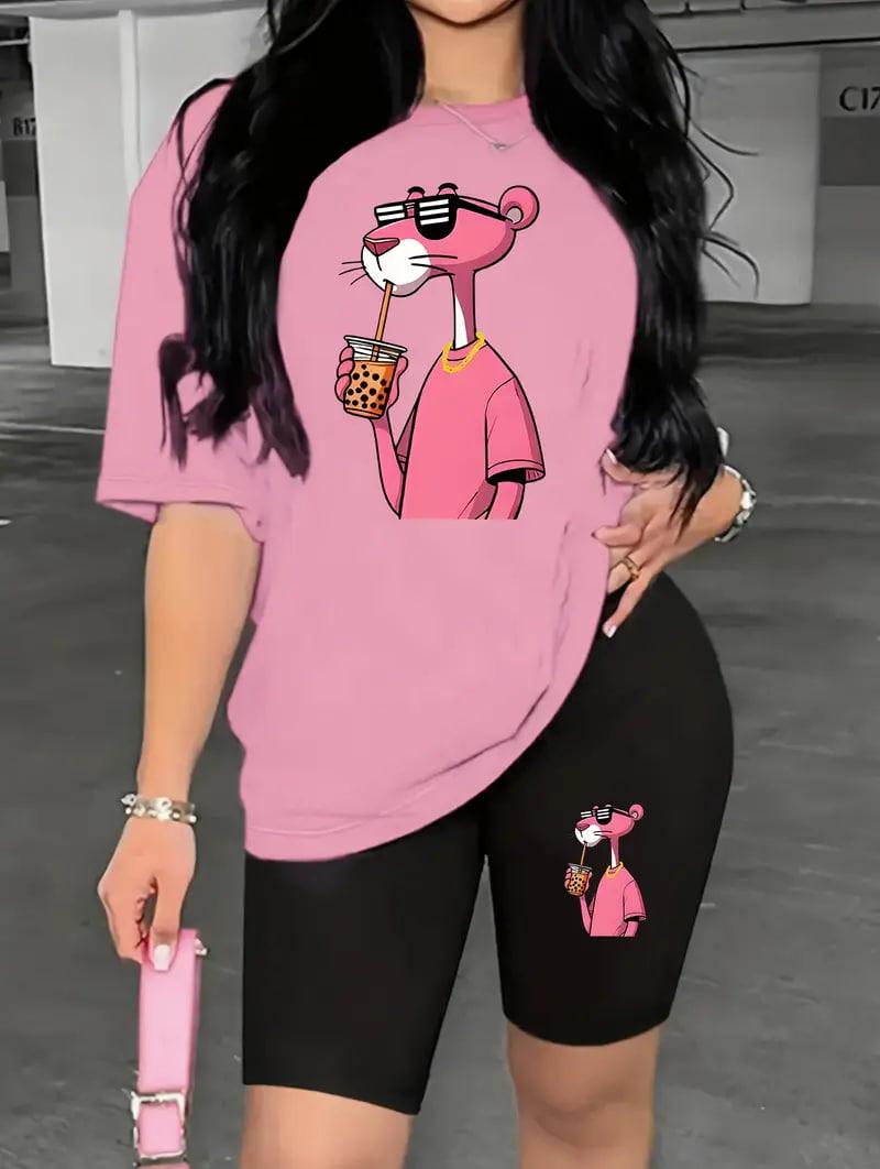 Жіночий літній костюм: футболка вільного крою та велосипедки з рожевою пантерою, фото 1