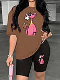 Жіночий літній костюм: футболка вільного крою та велосипедки з рожевою пантерою, фото 7