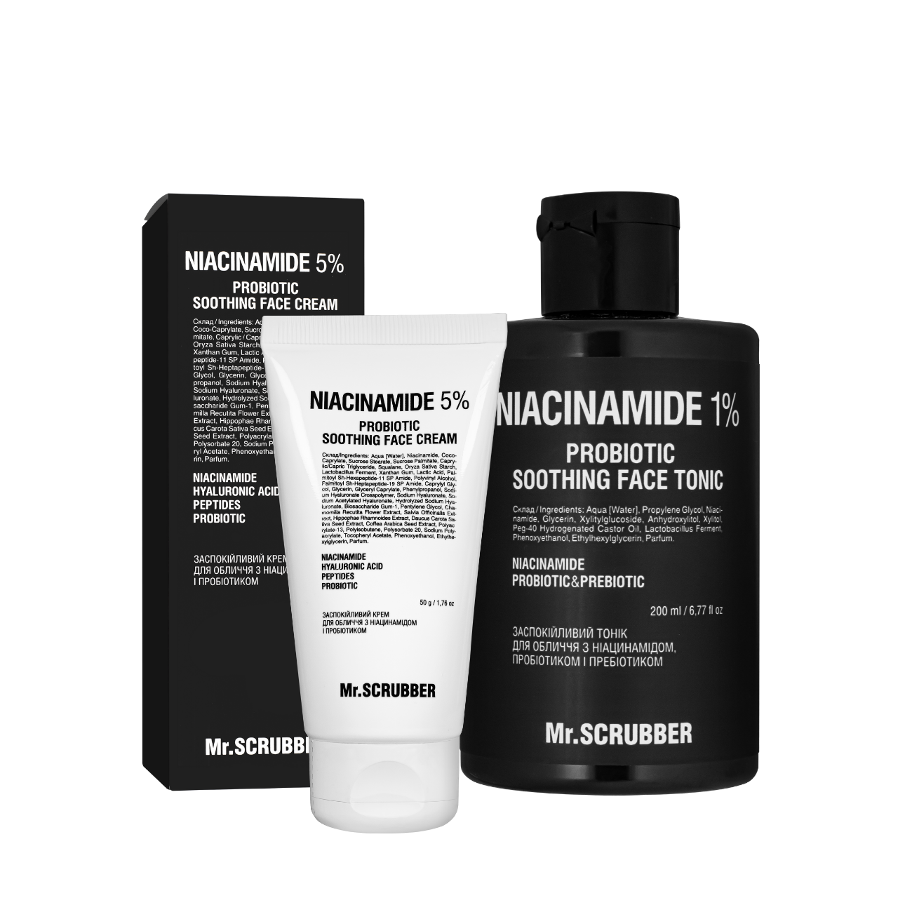 Набір косметики для обличчя Mr. Scrubber — заспокійливий крем Niacinamide 5% + Заспокійливий тонік Niacinamide 1%, фото 1