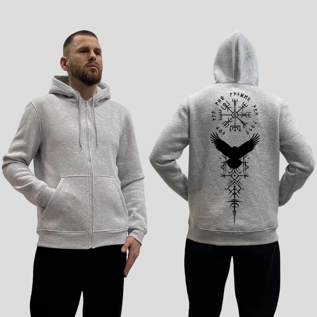 Чоловічий зіп-худі на флісі з принтом Ворон та руни пряма, Сірий