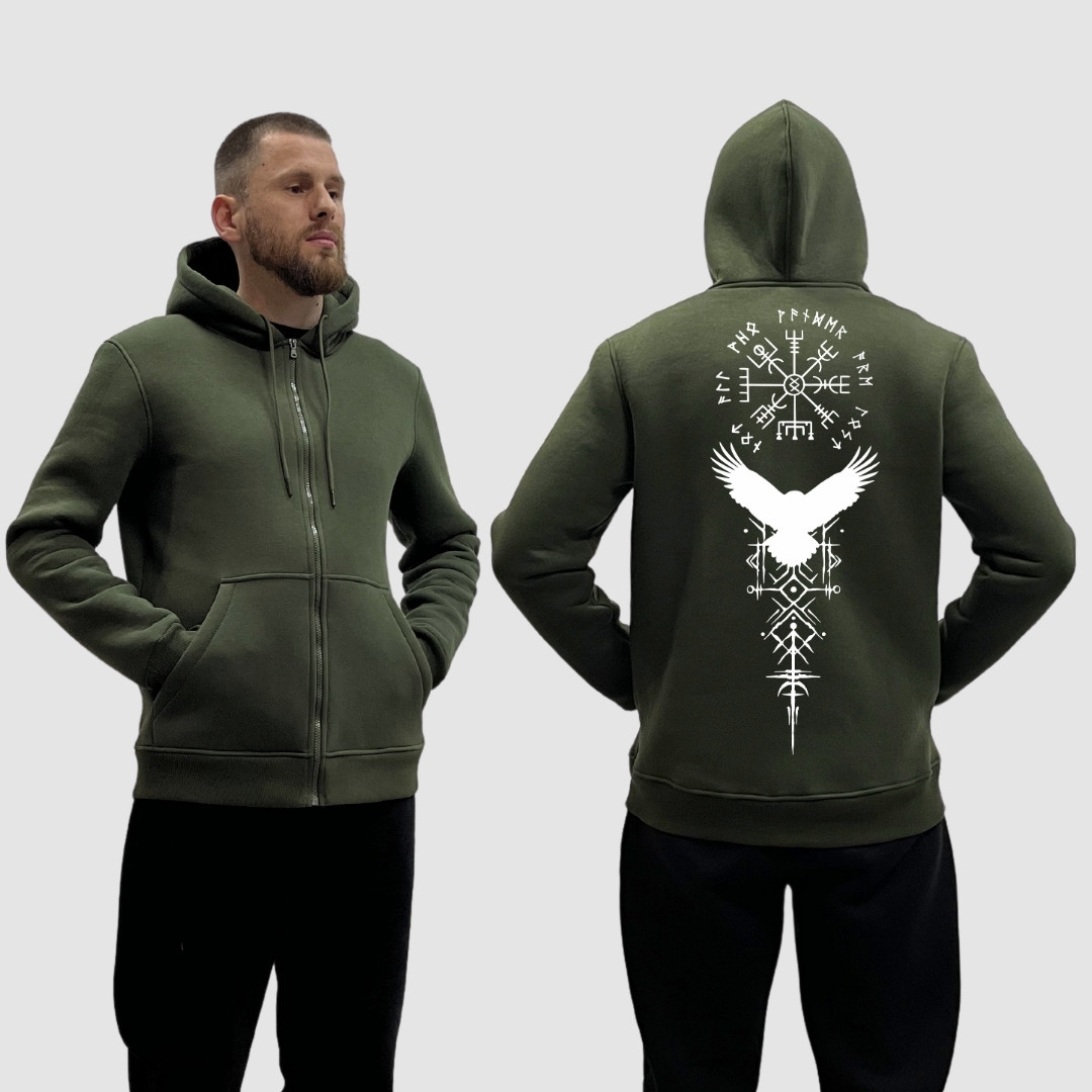 Чоловічий зіп-худі на флісі з принтом Ворон та руни пряма, Хакі