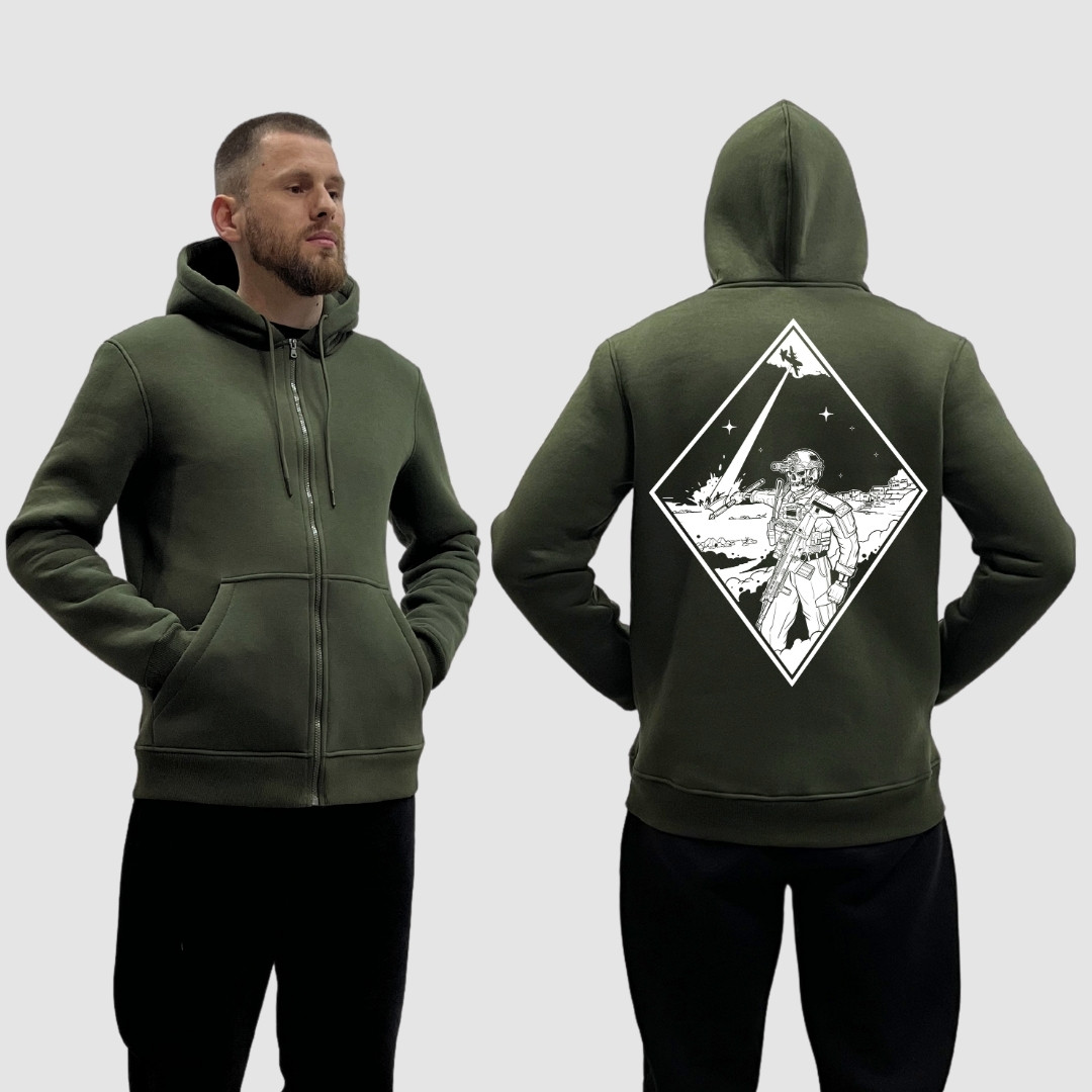 Чоловічий зіп-худі на флісі з принтом Військовий скелет та винищувач, Хакі