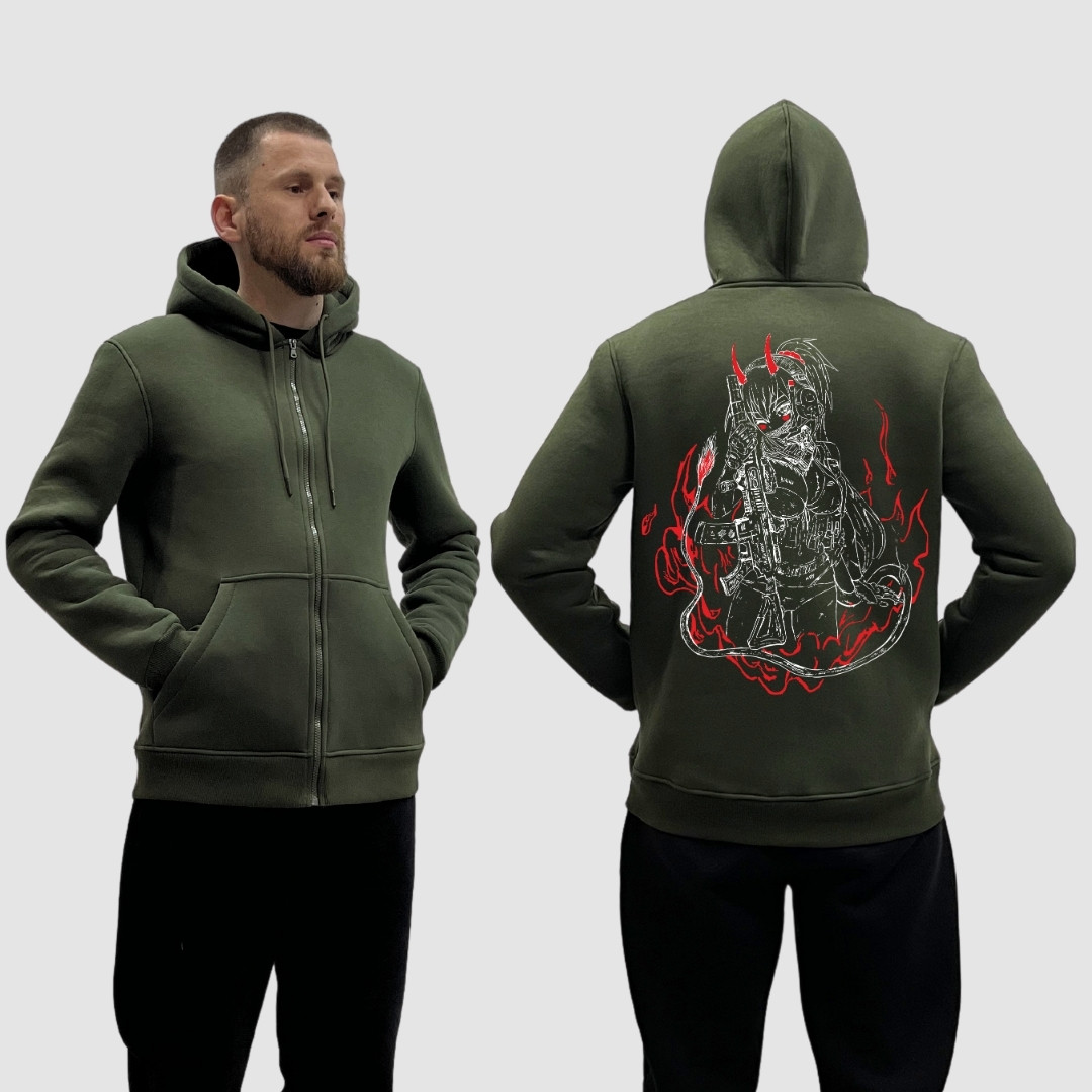 Чоловічий зіп-худі на флісі з принтом Демониця з автоматом в навушниках палає вогонь, Хакі