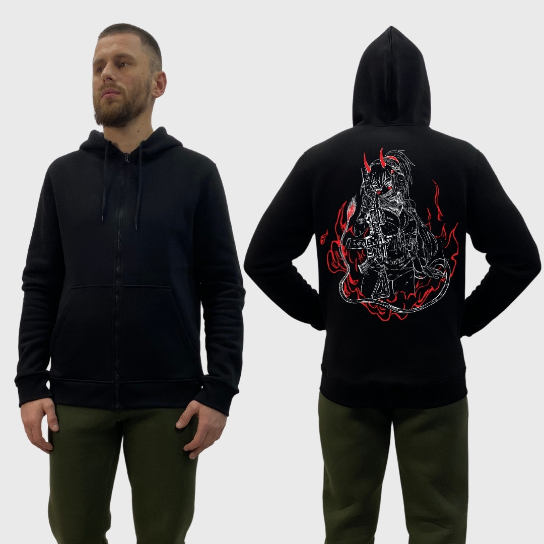 Чоловічий зіп-худі на флісі з принтом Демониця з автоматом в навушниках палає вогонь, Чорний