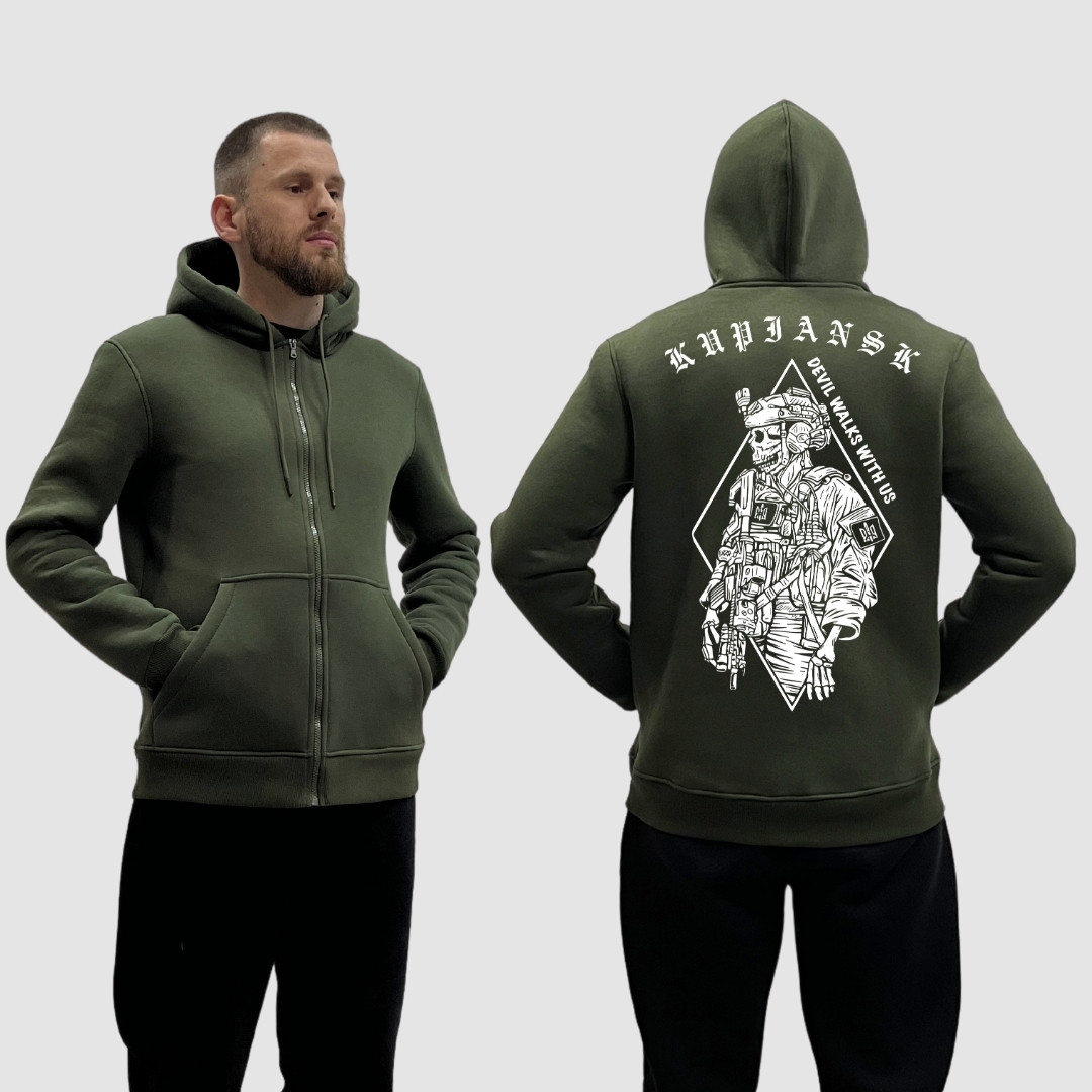 Чоловічий зіп-худі на флісі з принтом Вовчанськ скелет з тризубцем, Хакі