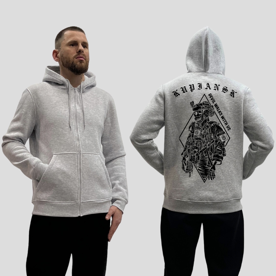 Чоловічий зіп-худі на флісі з принтом Вовчанськ скелет з тризубцем, Сірий